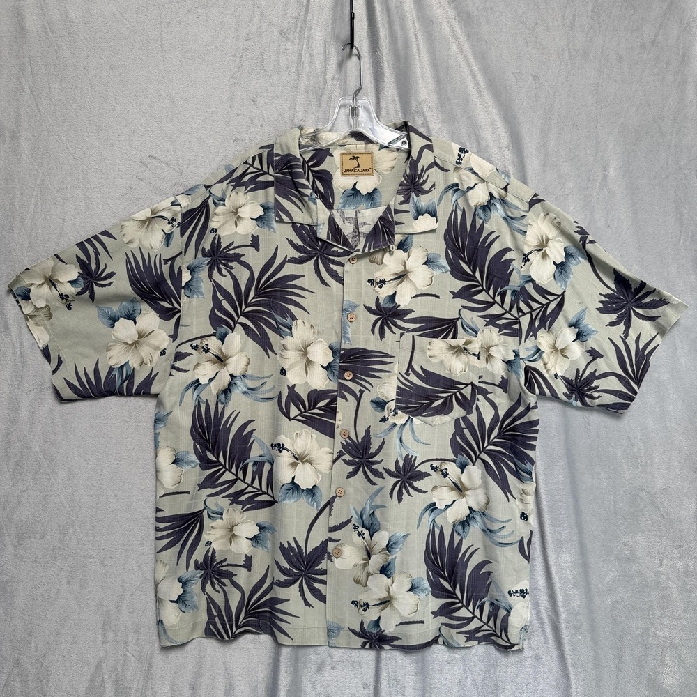 Jamaica Jaxx Shirt Mens 2XL Gray Floral‎ Hibiscus Aloha Short Sleeve Button Up